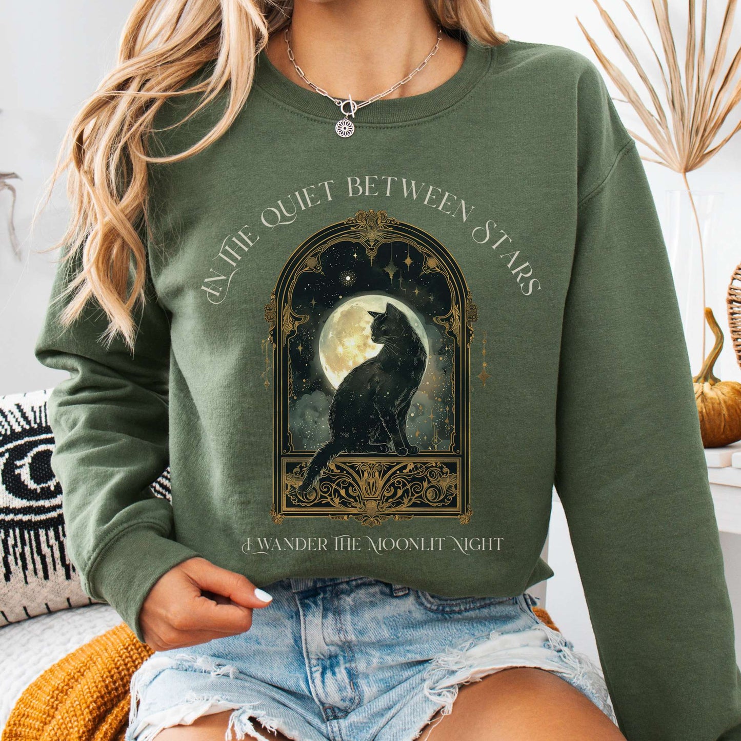 Sweatshirt Military Green / S In the Quiet Between Stars Moonlit Cat Sweatshirt The Mystic Eden