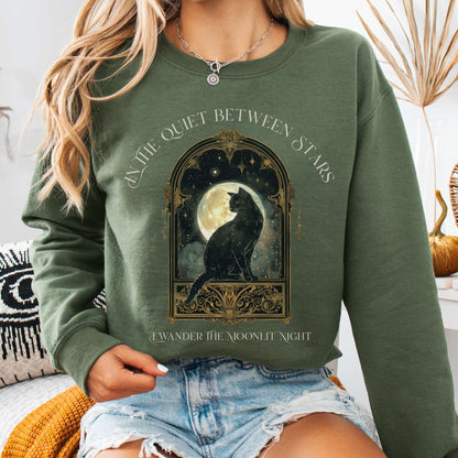 Sweatshirt Military Green / S In the Quiet Between Stars Moonlit Cat Sweatshirt The Mystic Eden