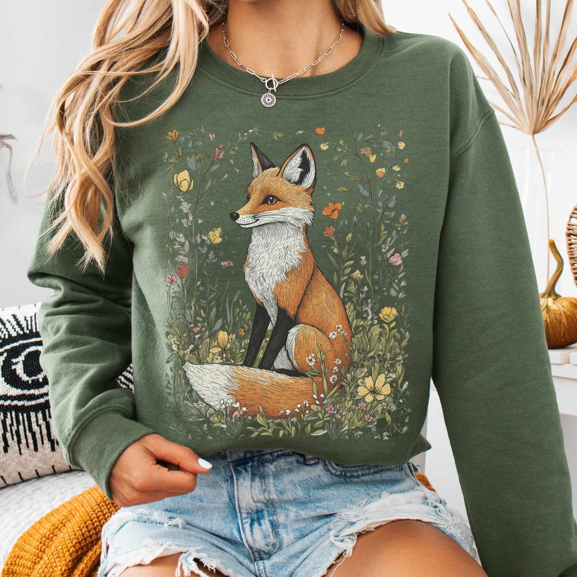 Sweatshirt Military Green / S Vintage Happy Fox Cottagecore Sweatshirt The Mystic Eden