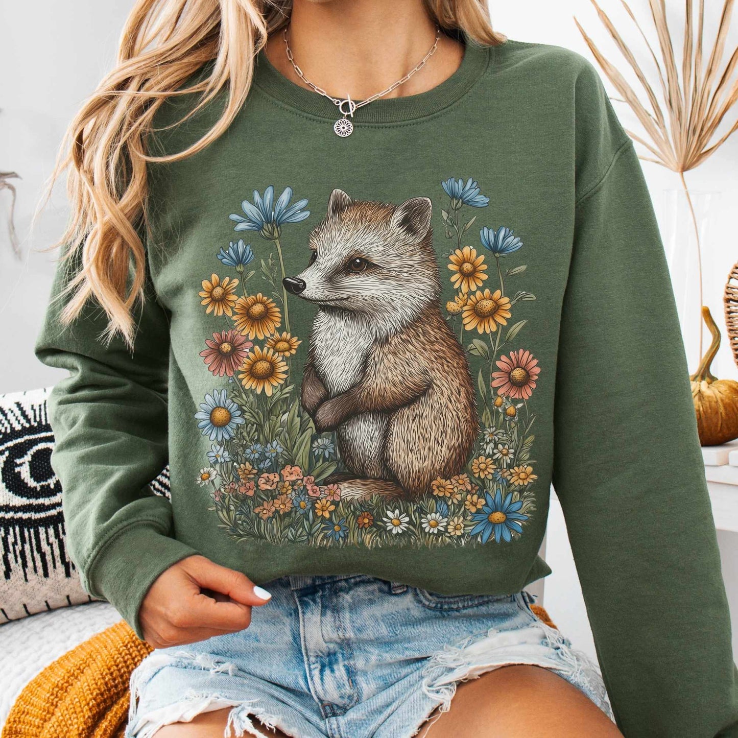 Sweatshirt Military Green / S Vintage Line Art Hedgehog Cottagecore Sweatshirt The Mystic Eden