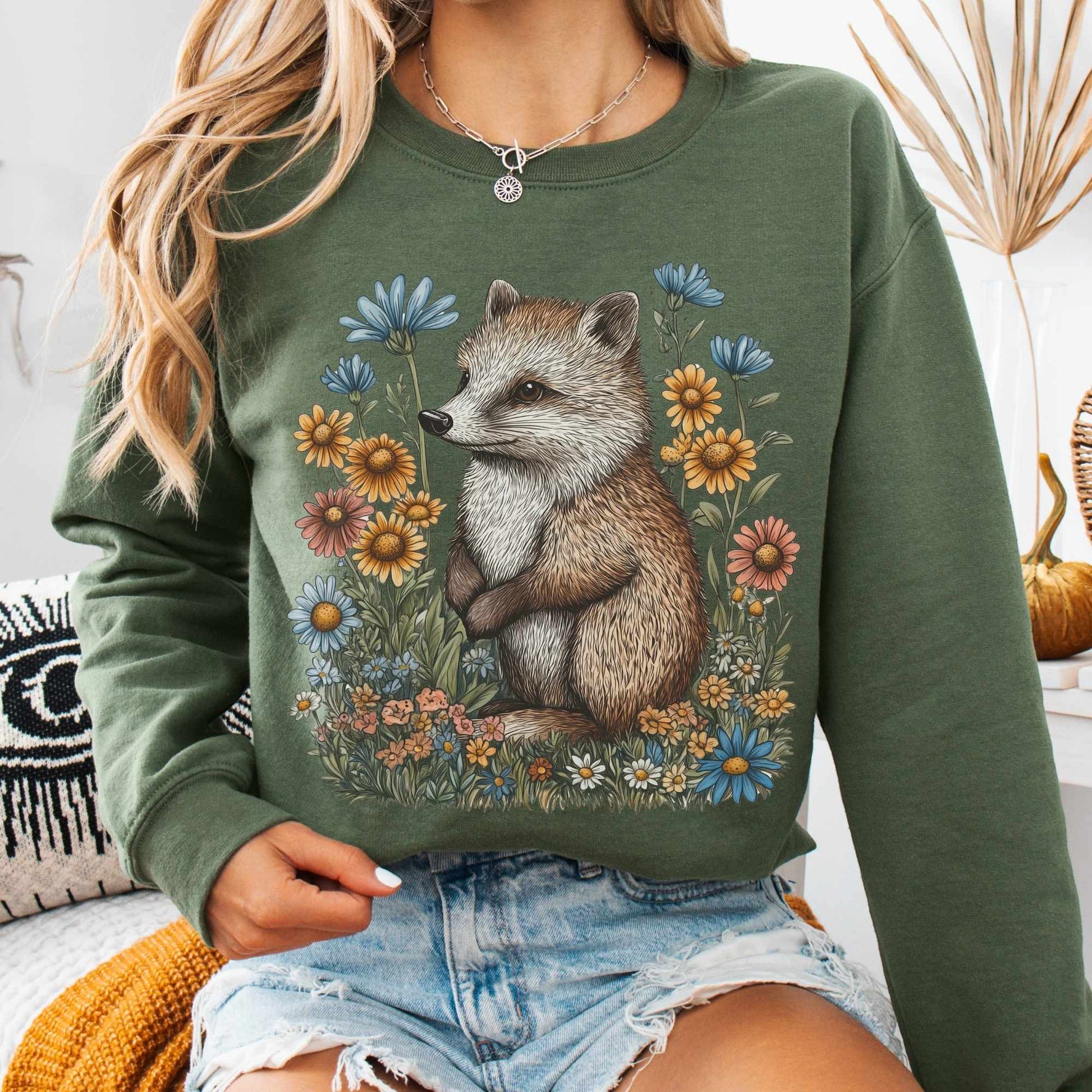 Sweatshirt Military Green / S Vintage Line Art Hedgehog Cottagecore Sweatshirt The Mystic Eden