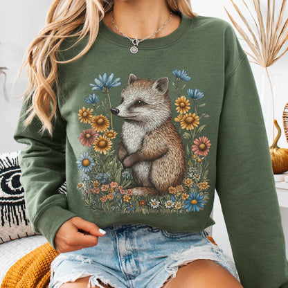 Sweatshirt Military Green / S Vintage Line Art Hedgehog Cottagecore Sweatshirt The Mystic Eden