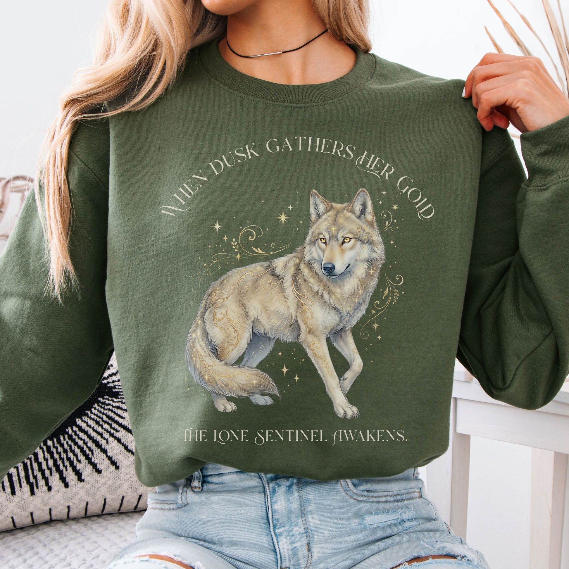 Sweatshirt Military Green / S When Dusk Gathers Her Gold Mystical Wolf Crewneck Sweatshirt The Mystic Eden