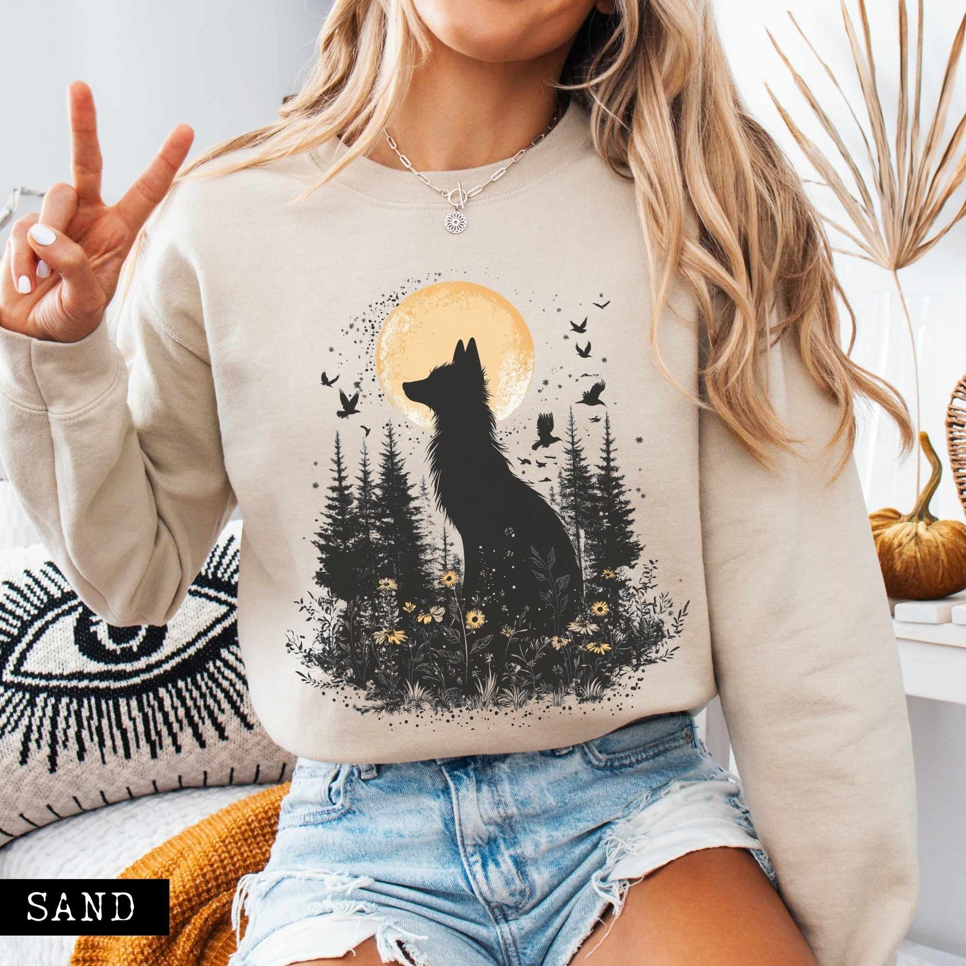 Sweatshirt Mystical Fox Under Yellow Moon Sweatshirt The Mystic Eden