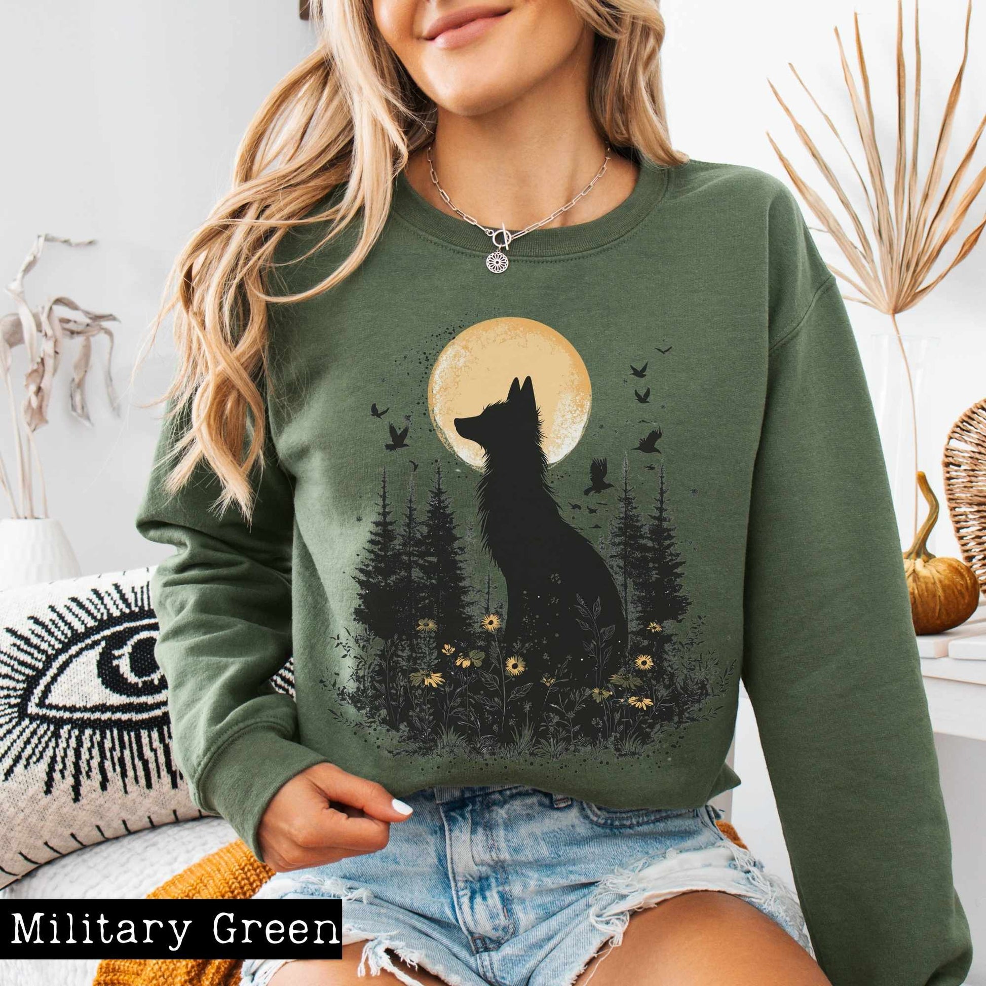 Sweatshirt Mystical Fox Under Yellow Moon Sweatshirt The Mystic Eden
