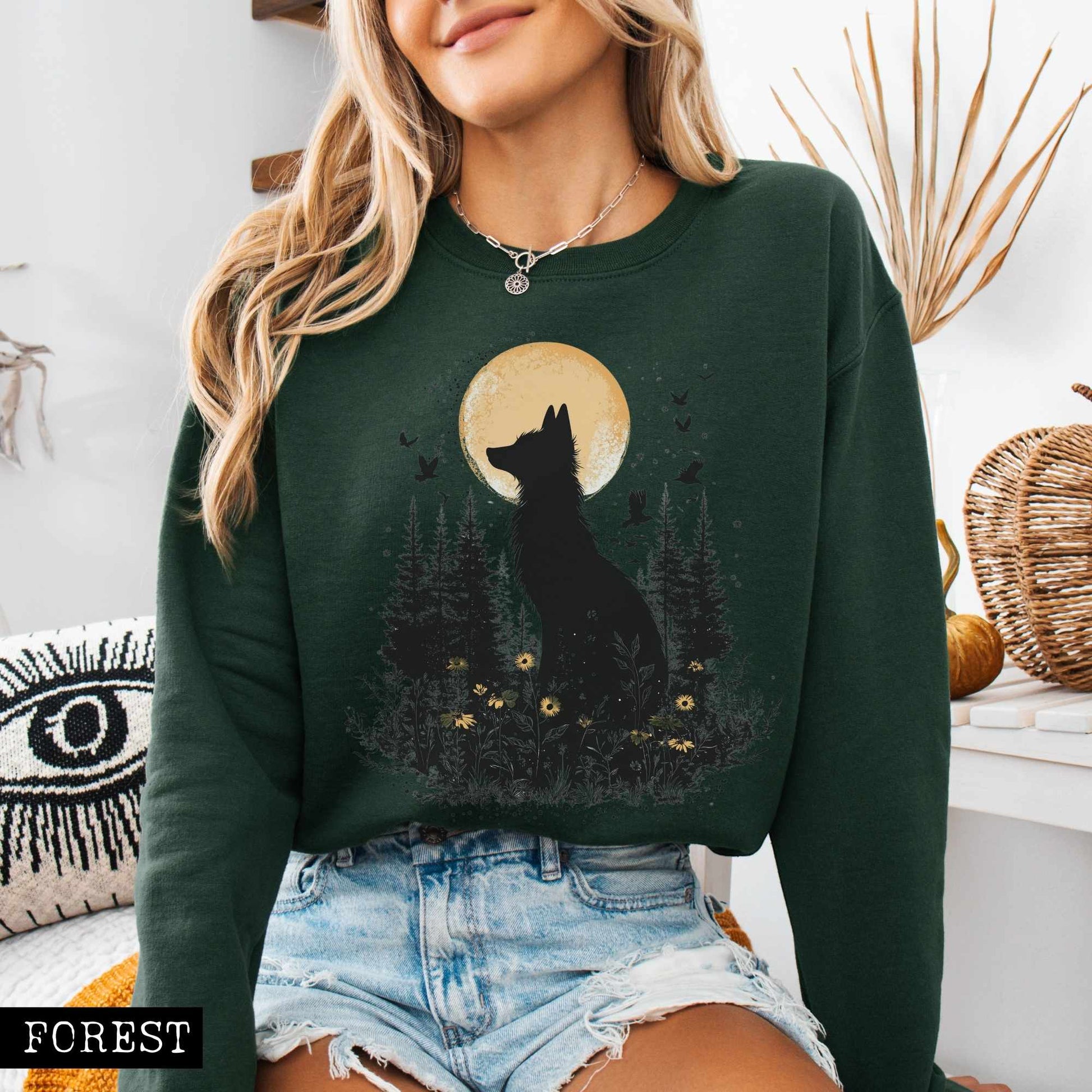 Sweatshirt Mystical Fox Under Yellow Moon Sweatshirt The Mystic Eden