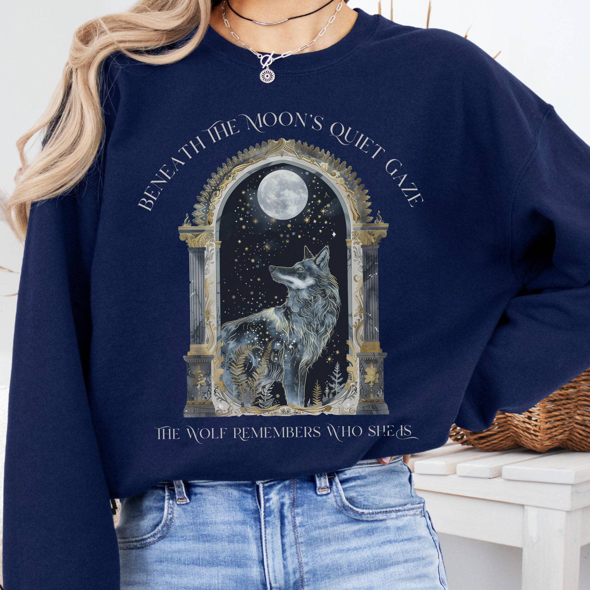 Sweatshirt Navy / S Beneath The Moon The Wolf Remembers Who She Is Sweatshirt The Mystic Eden