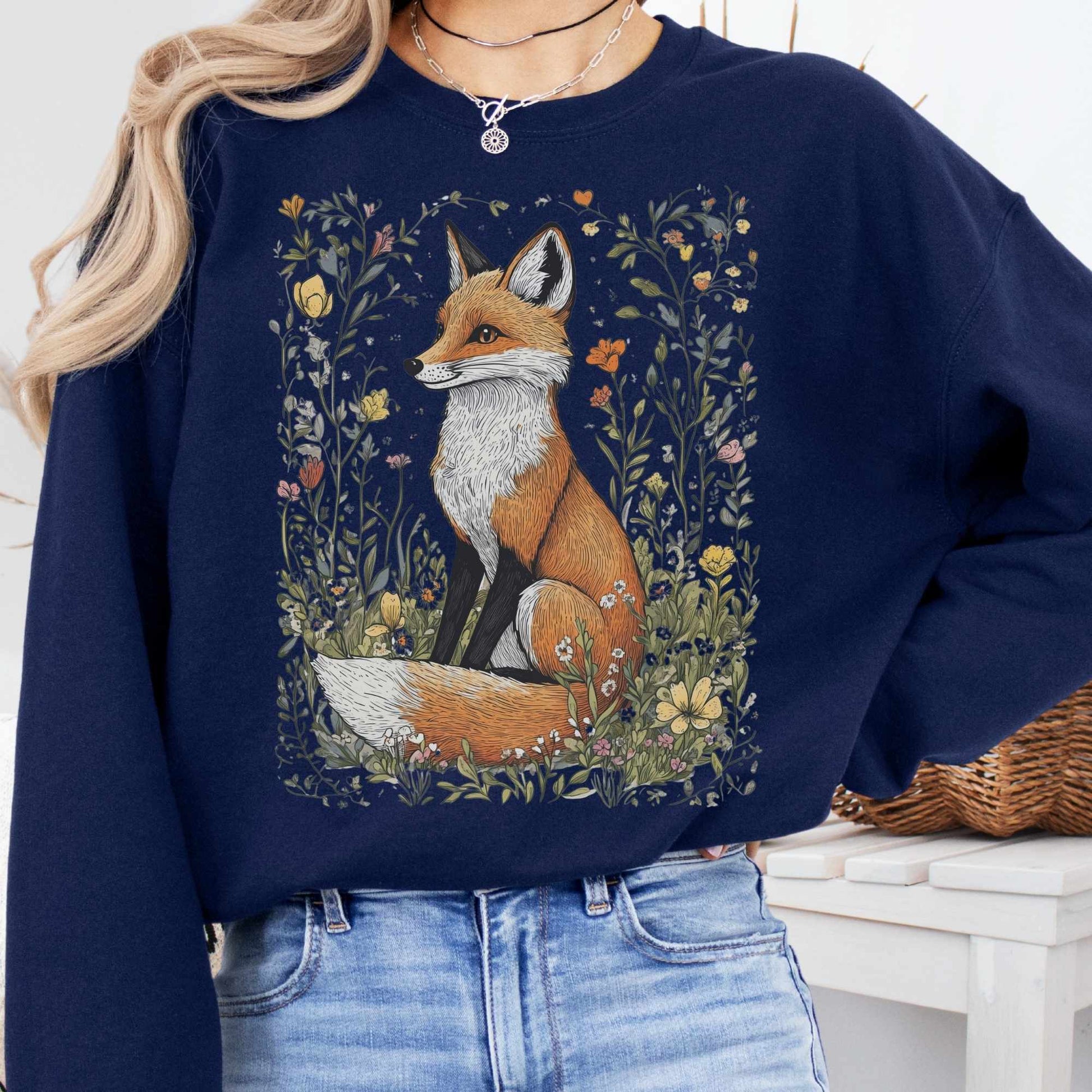 Sweatshirt Navy / S Vintage Happy Fox Cottagecore Sweatshirt The Mystic Eden
