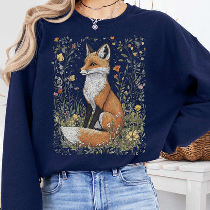Sweatshirt Navy / S Vintage Happy Fox Cottagecore Sweatshirt The Mystic Eden