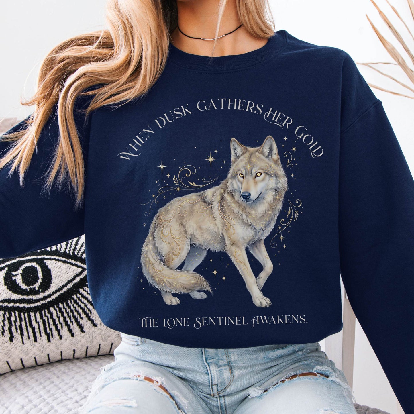 Sweatshirt Navy / S When Dusk Gathers Her Gold Mystical Wolf Crewneck Sweatshirt The Mystic Eden