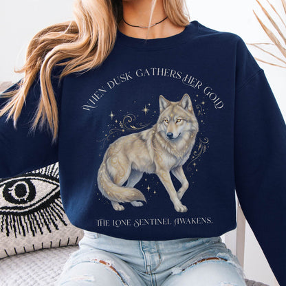 Sweatshirt Navy / S When Dusk Gathers Her Gold Mystical Wolf Crewneck Sweatshirt The Mystic Eden