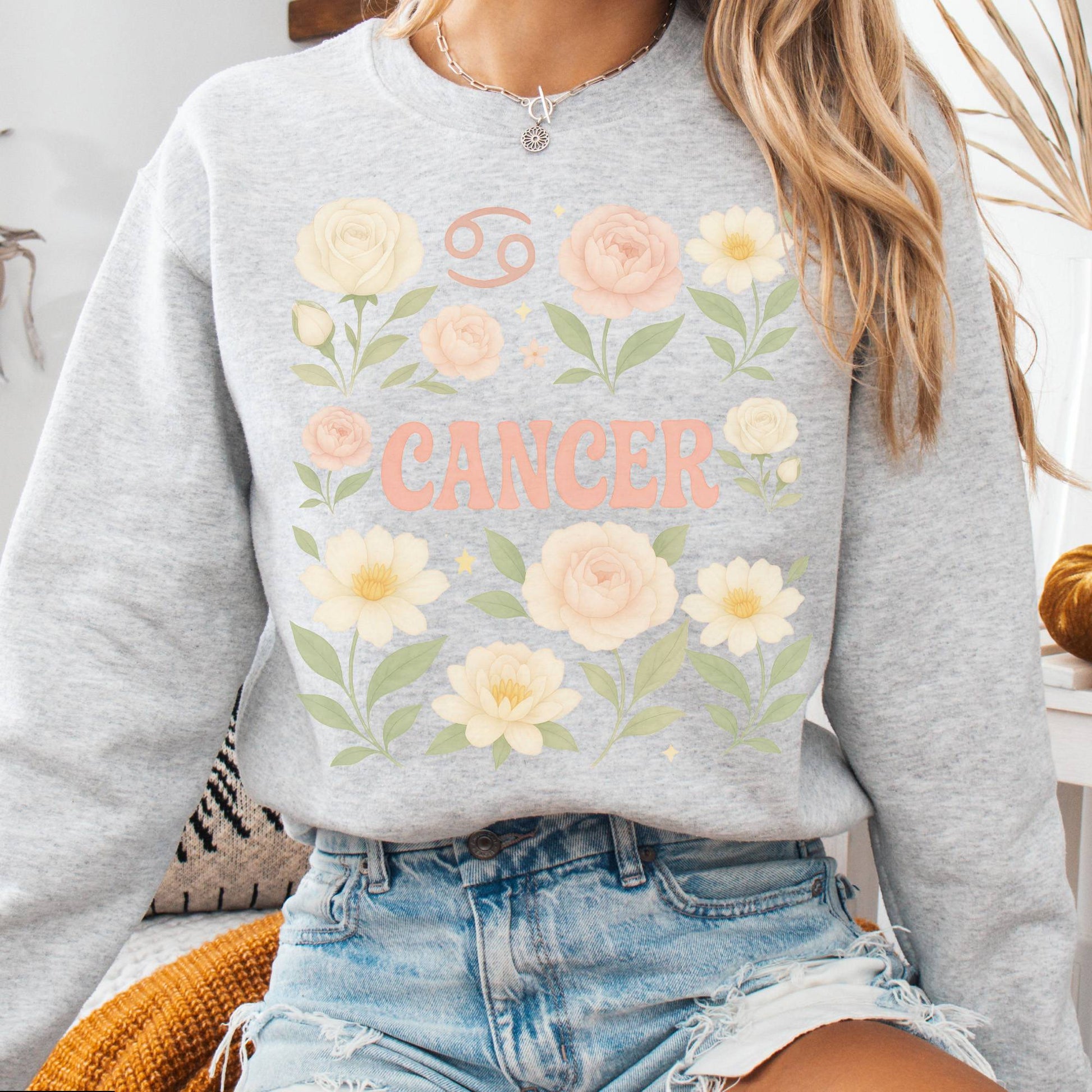 Sweatshirt S / Ash Cancer Sweatshirt – Boho Floral Zodiac Pullover The Mystic Eden