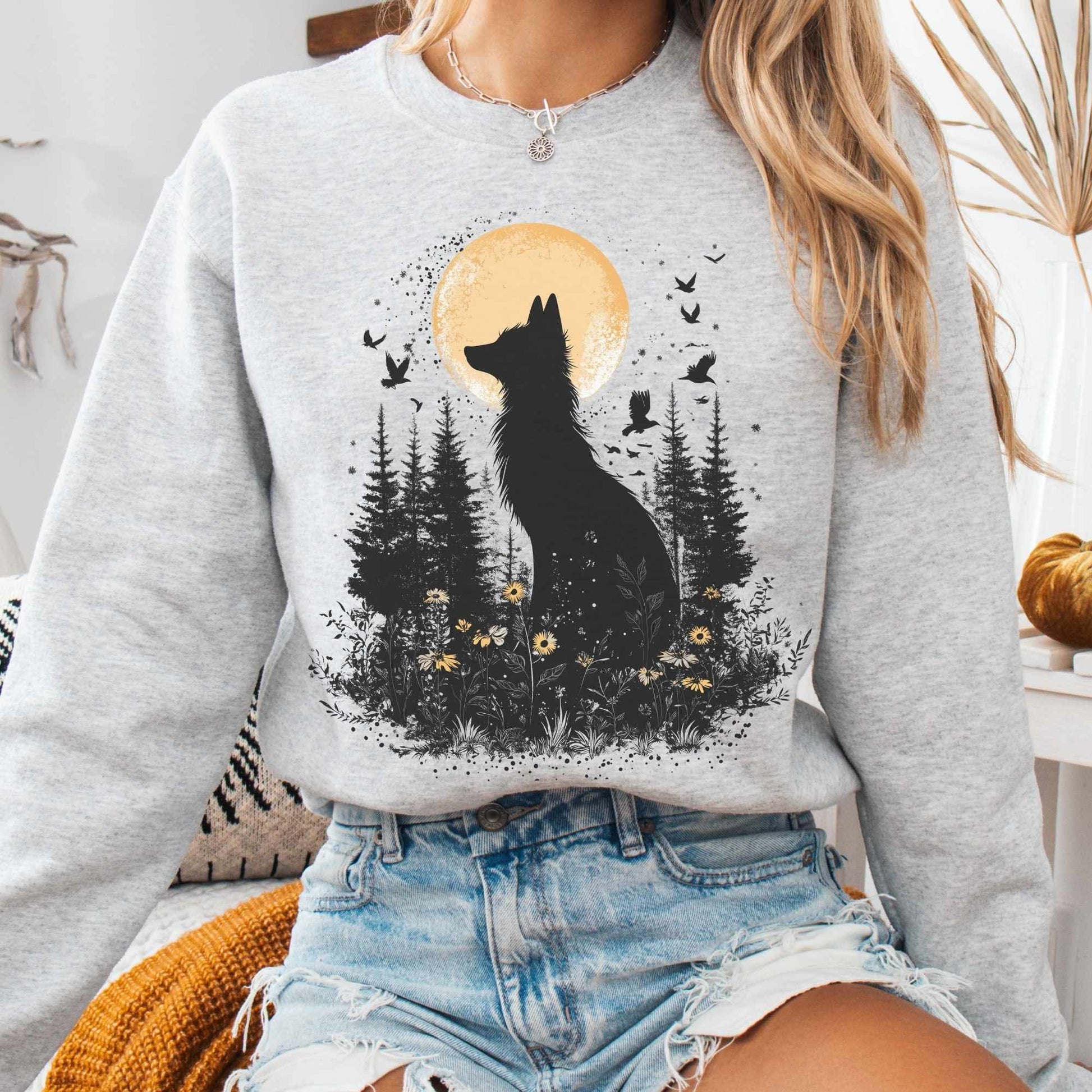Sweatshirt S / Ash Mystical Fox Under Yellow Moon Sweatshirt The Mystic Eden