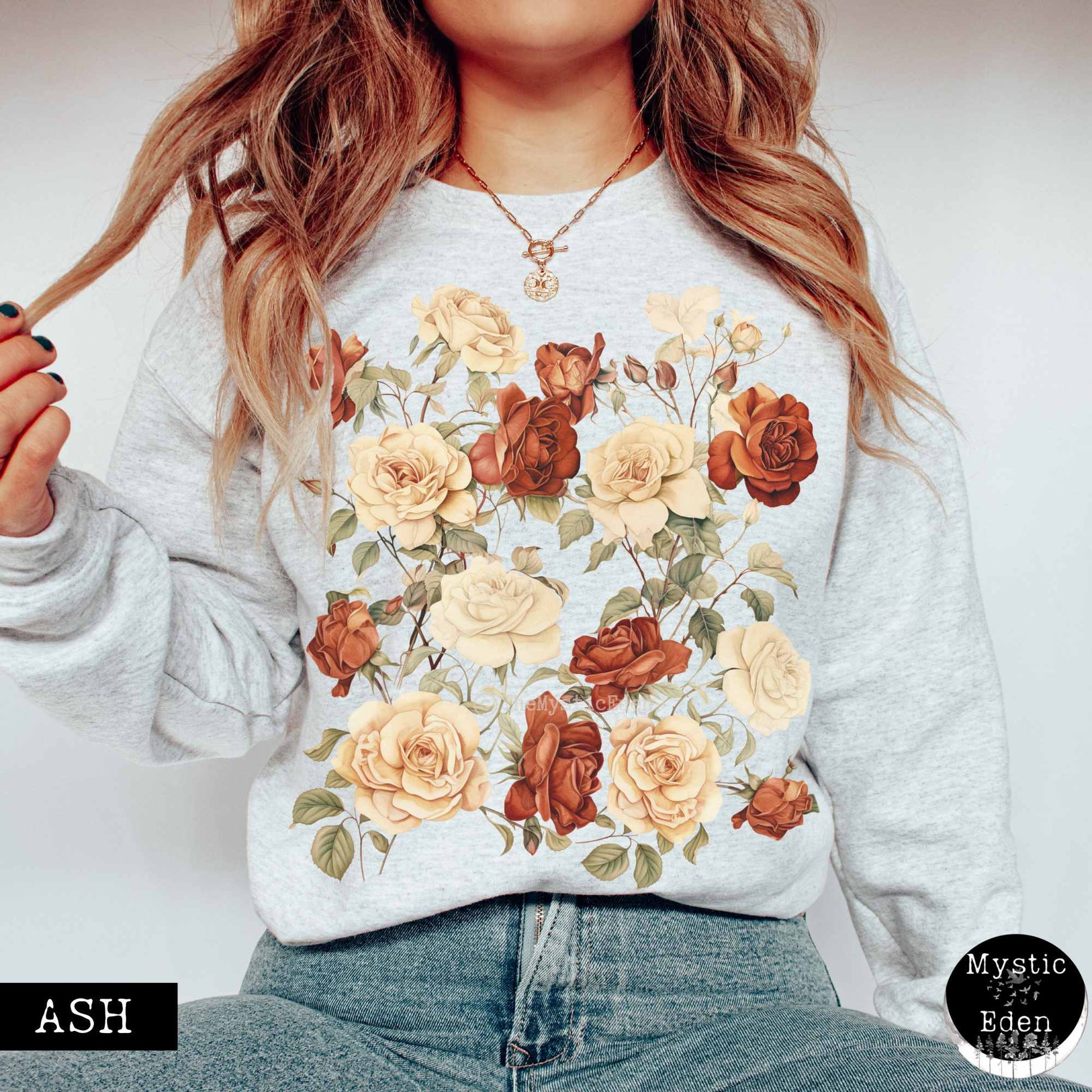 Sweatshirt S / Ash Vintage wildflower rose sweatshirt cottagecore The Mystic Eden