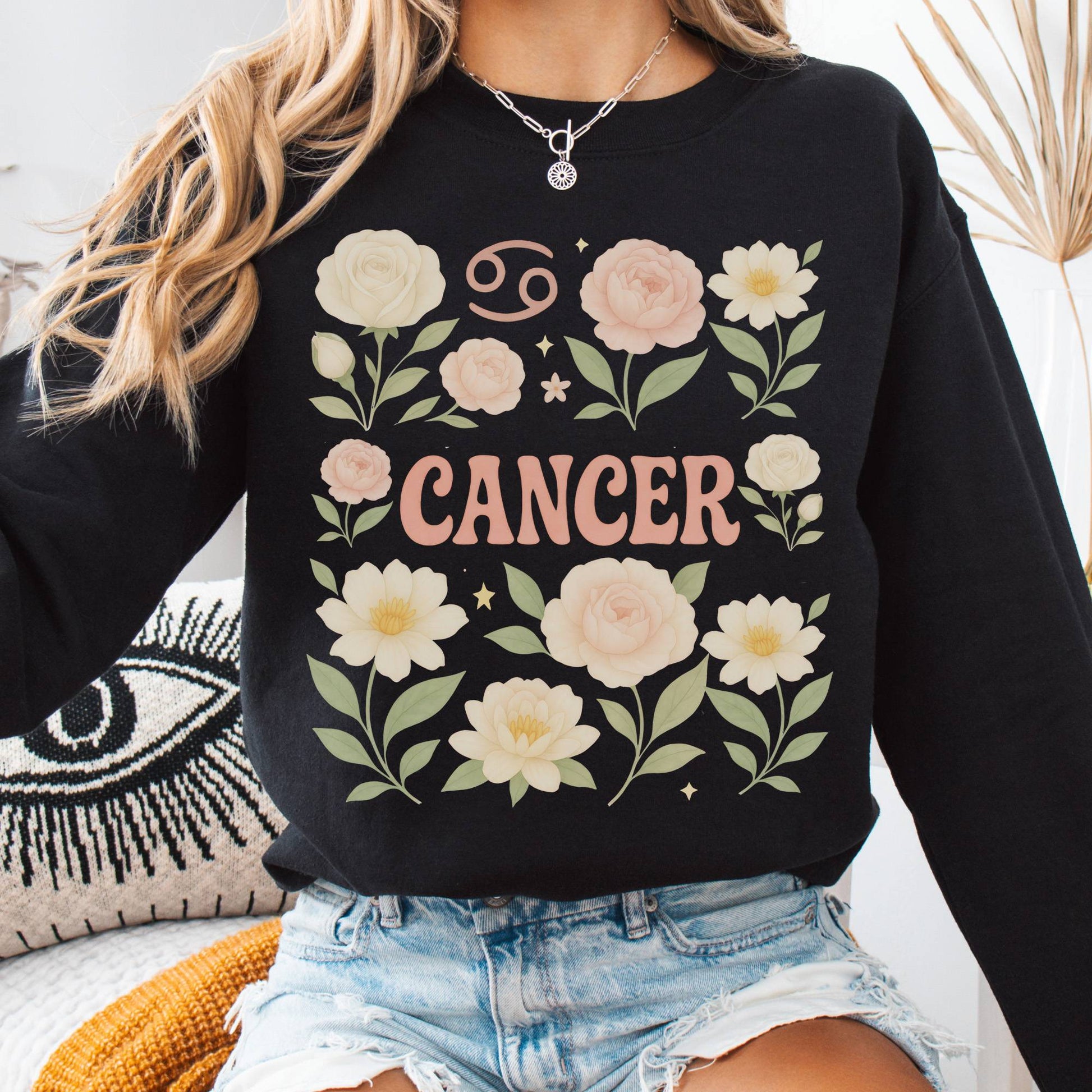 Sweatshirt S / Black Cancer Sweatshirt – Boho Floral Zodiac Pullover The Mystic Eden