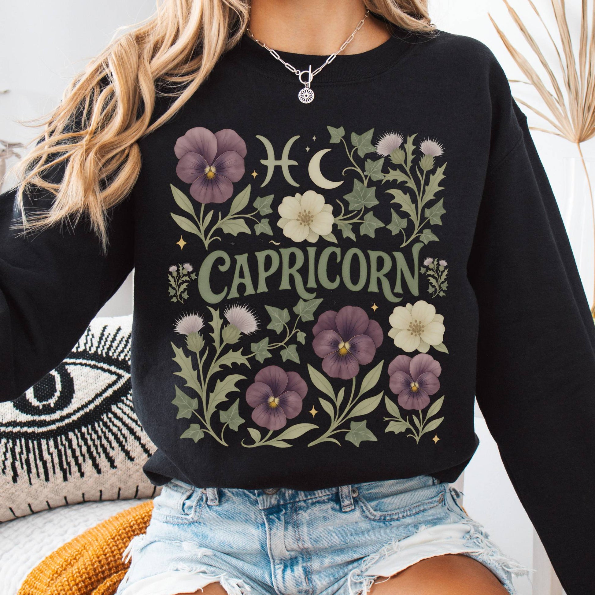 Sweatshirt S / Black Capricorn Sweatshirt – Boho Floral Zodiac Pullover The Mystic Eden