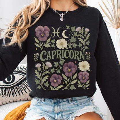 Sweatshirt S / Black Capricorn Sweatshirt – Boho Floral Zodiac Pullover The Mystic Eden