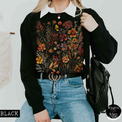 Sweatshirt S / Black Fall aesthetic cottagecore wildflower sweatshirt The Mystic Eden
