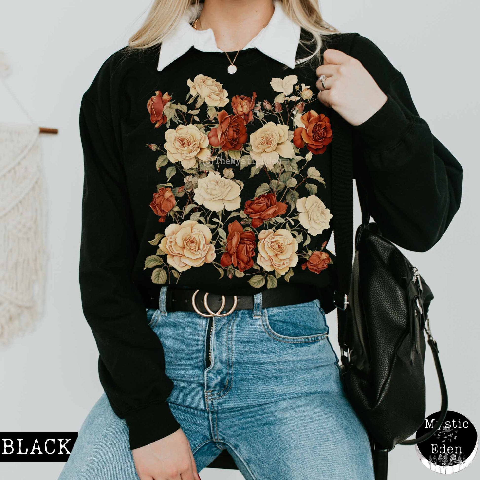 Sweatshirt S / Black Vintage wildflower rose sweatshirt cottagecore The Mystic Eden
