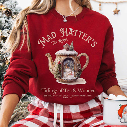 Sweatshirt S / Cardinal Red Mad Hatter's Tea Room Christmas Edition Sweatshirt The Mystic Eden