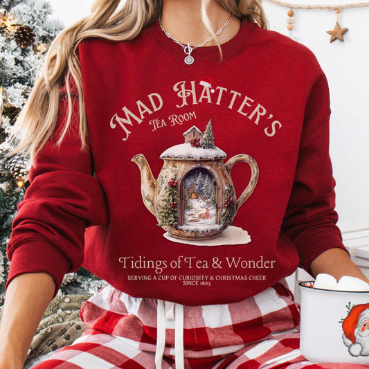 Sweatshirt S / Cardinal Red Mad Hatter's Tea Room Christmas Edition Sweatshirt The Mystic Eden