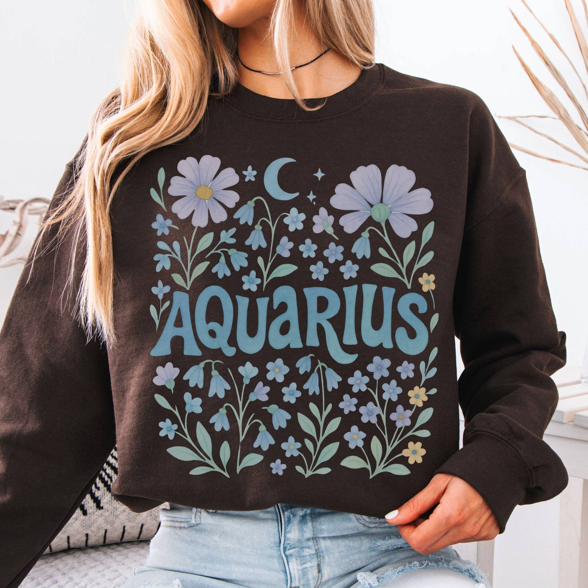 Sweatshirt S / Dark Chocolate Aquarius Sweatshirt – Boho Floral Zodiac Pullover The Mystic Eden