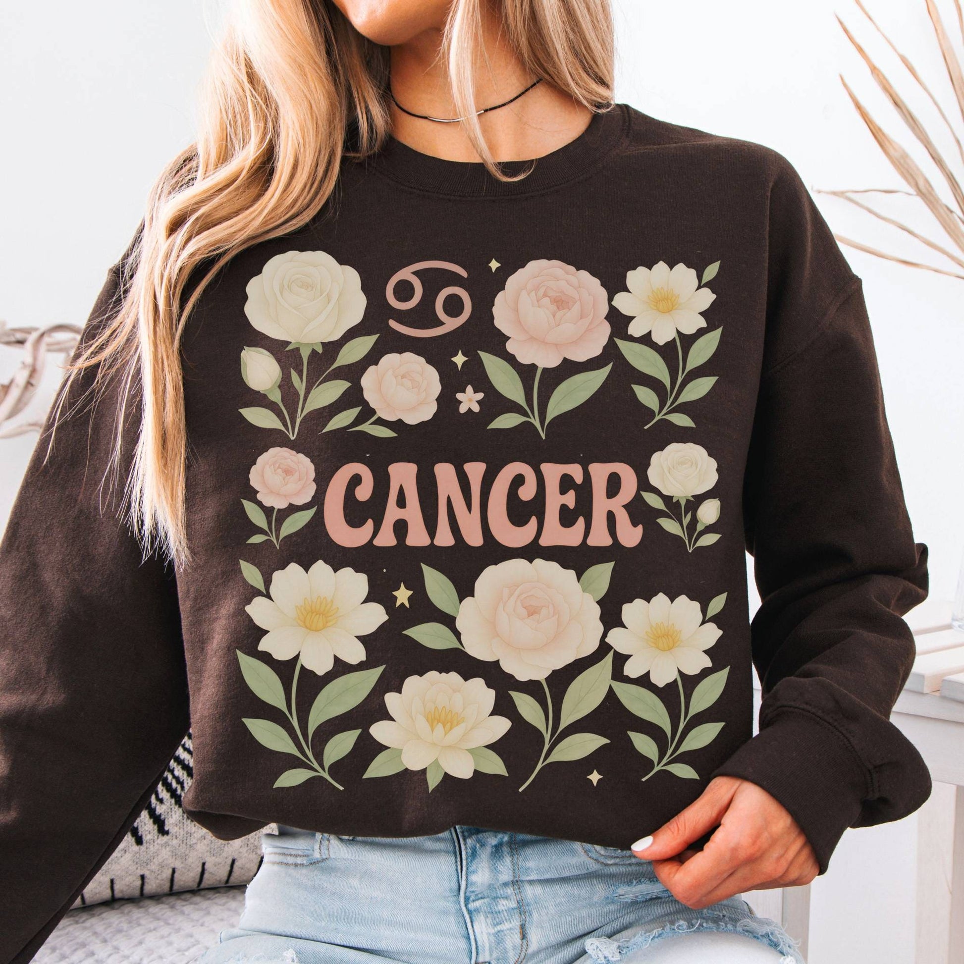 Sweatshirt S / Dark Chocolate Cancer Sweatshirt – Boho Floral Zodiac Pullover The Mystic Eden