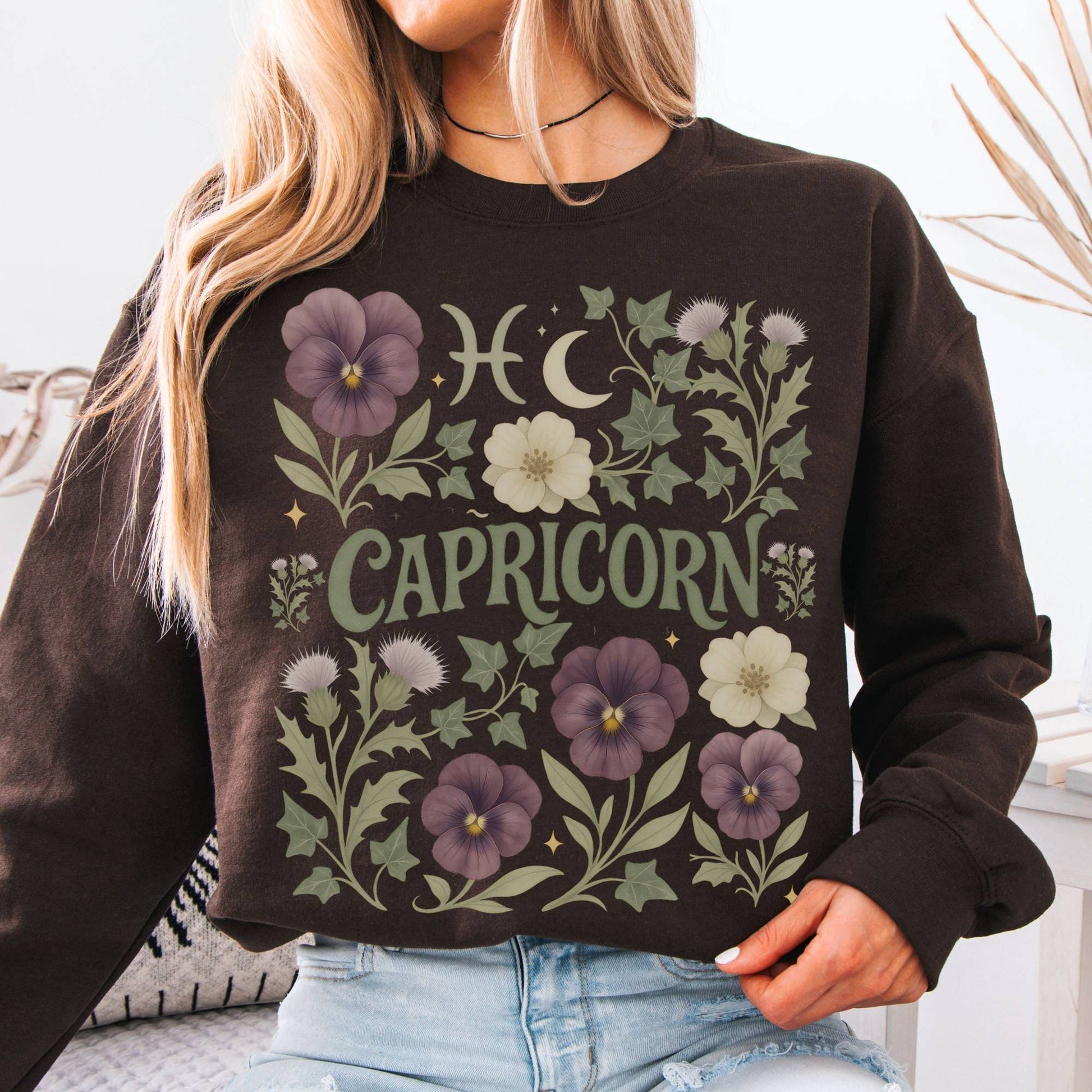 Sweatshirt S / Dark Chocolate Capricorn Sweatshirt – Boho Floral Zodiac Pullover The Mystic Eden