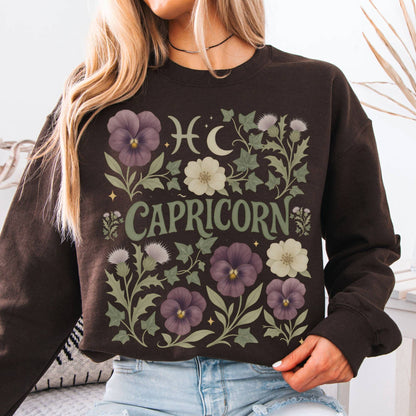 Sweatshirt S / Dark Chocolate Capricorn Sweatshirt – Boho Floral Zodiac Pullover The Mystic Eden