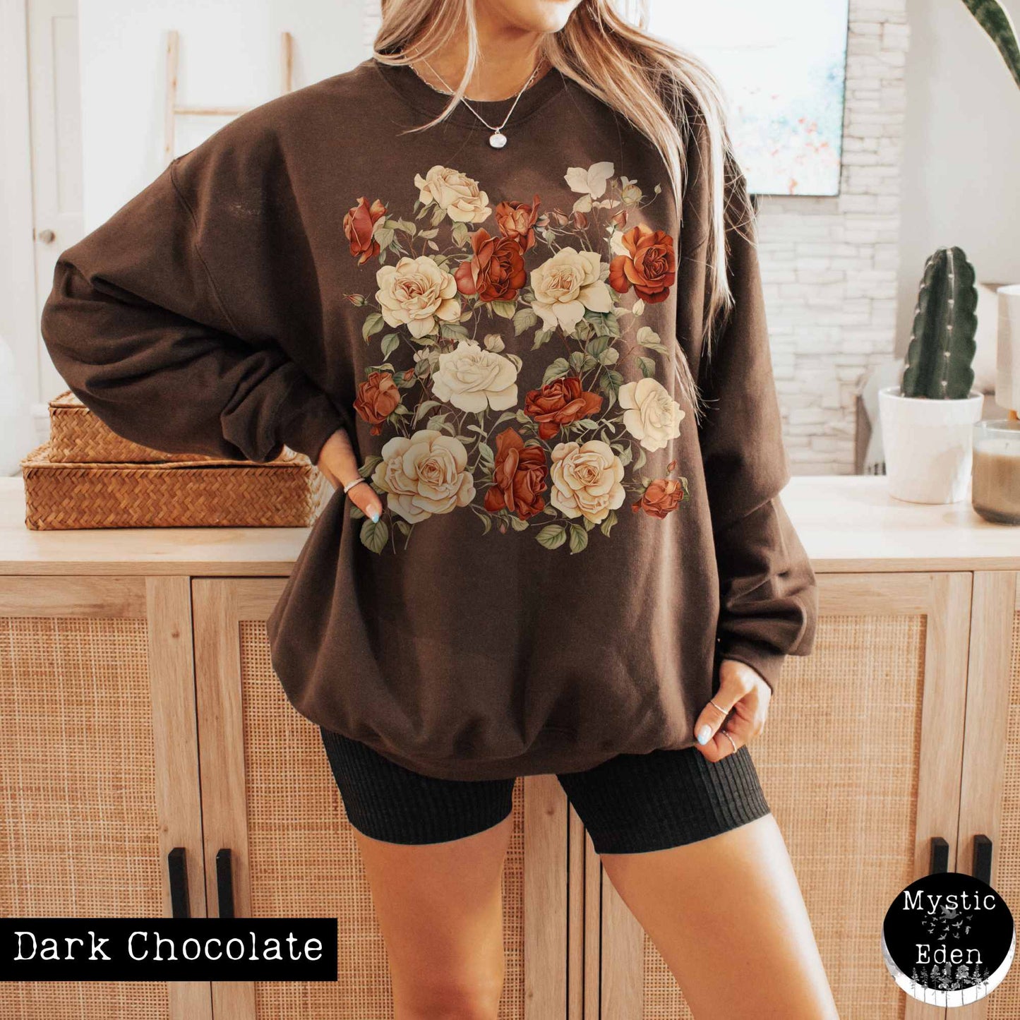 Sweatshirt S / Dark Chocolate Vintage wildflower rose sweatshirt cottagecore The Mystic Eden