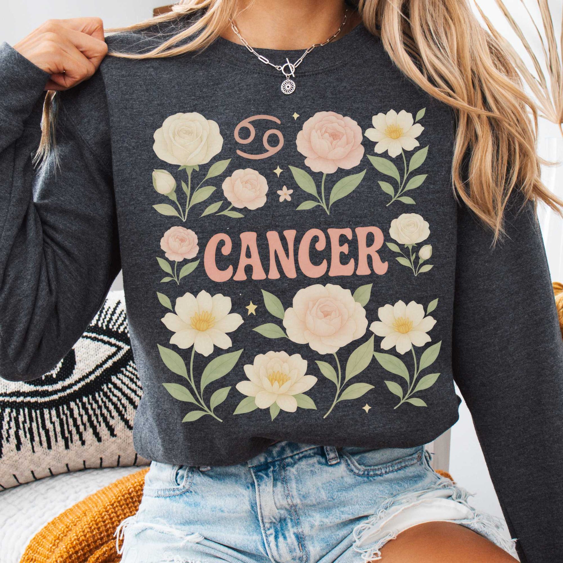 Sweatshirt S / Dark Heather Cancer Sweatshirt – Boho Floral Zodiac Pullover The Mystic Eden