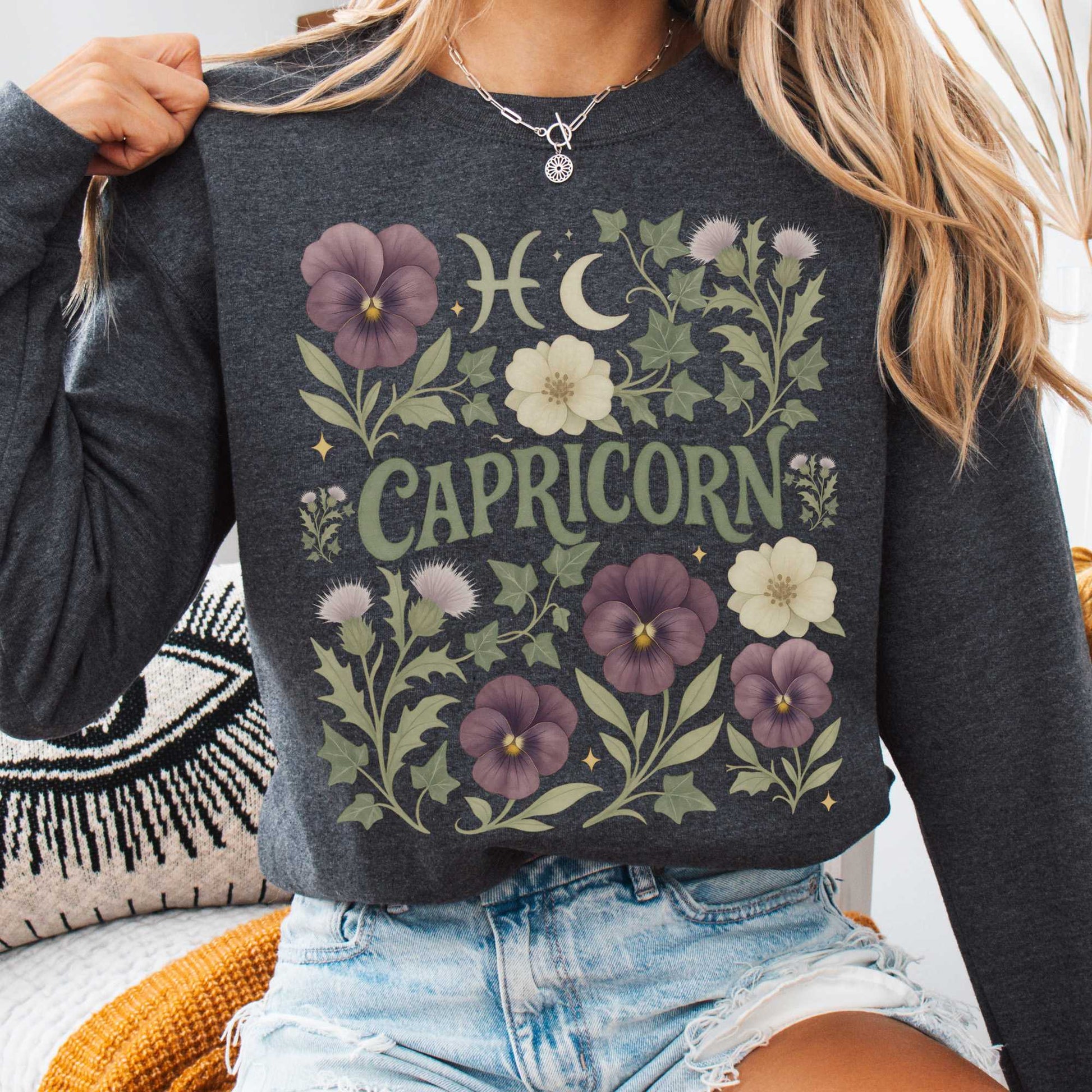 Sweatshirt S / Dark Heather Capricorn Sweatshirt – Boho Floral Zodiac Pullover The Mystic Eden