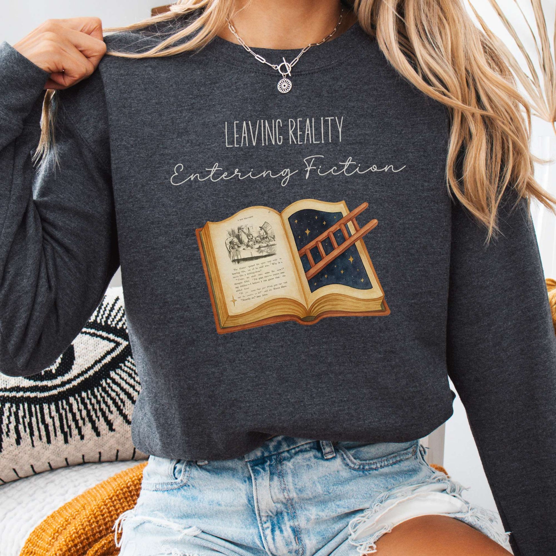 Sweatshirt S / Dark Heather Entering Fiction Sweatshirt – Literary Escape Tee The Mystic Eden