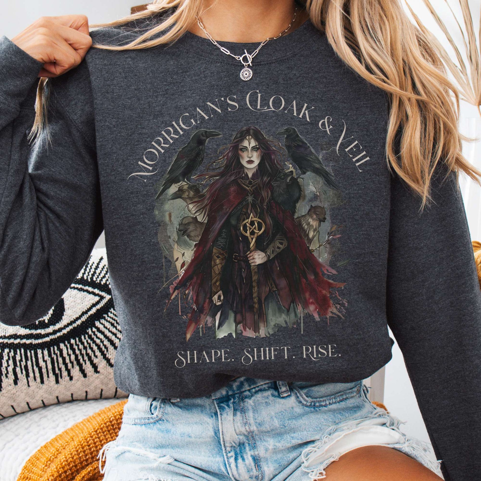 Sweatshirt S / Dark Heather Morrigan's Cloak & Veil Sweatshirt – Celtic Goddess Tee The Mystic Eden