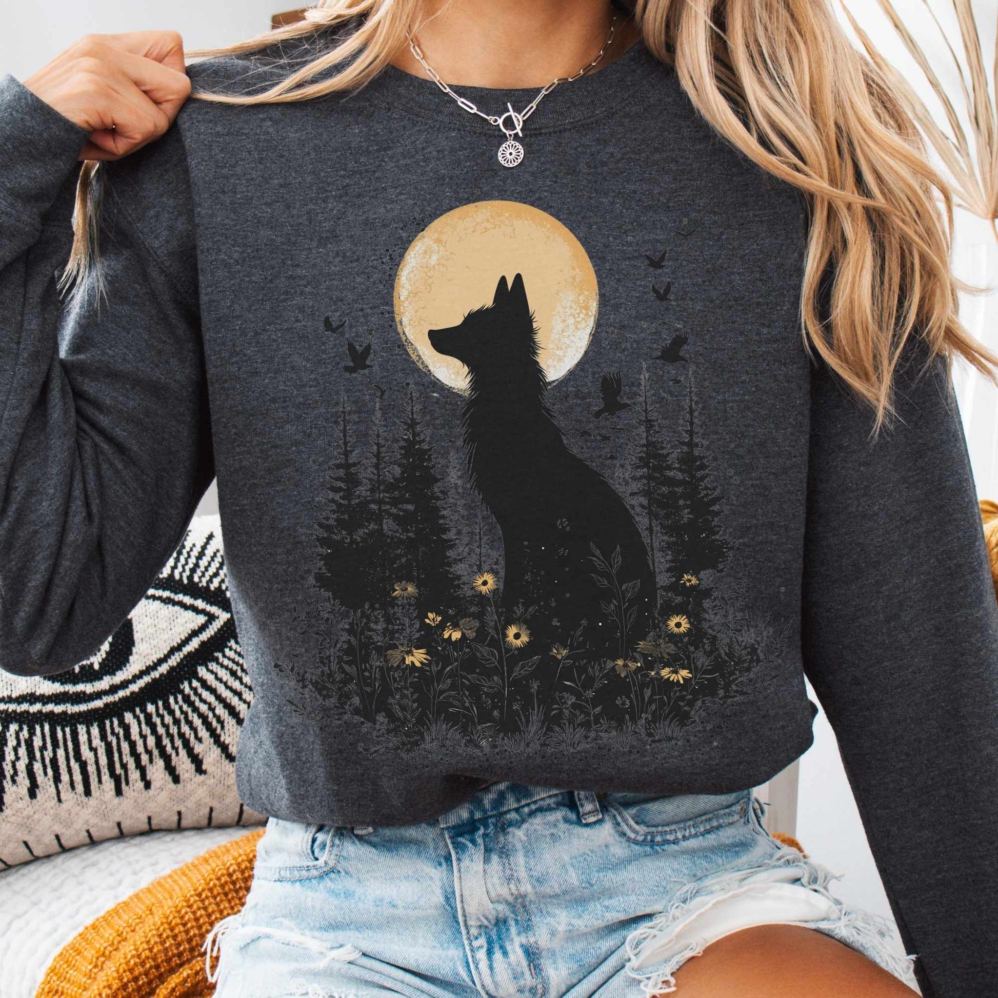 Sweatshirt S / Dark Heather Mystical Fox Under Yellow Moon Sweatshirt The Mystic Eden