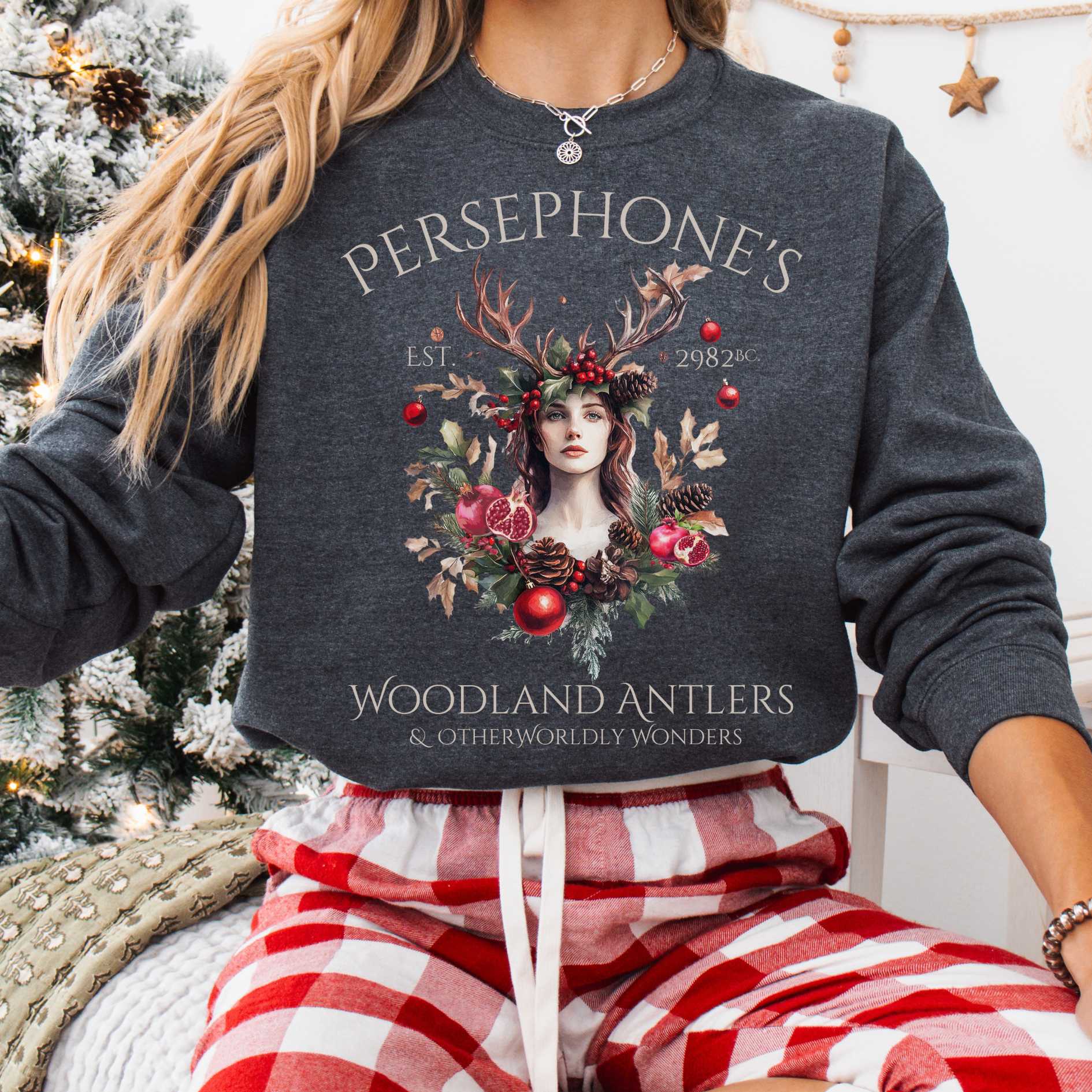 Sweatshirt S / Dark Heather Persephone's Woodland Antlers Christmas Sweatshirt The Mystic Eden