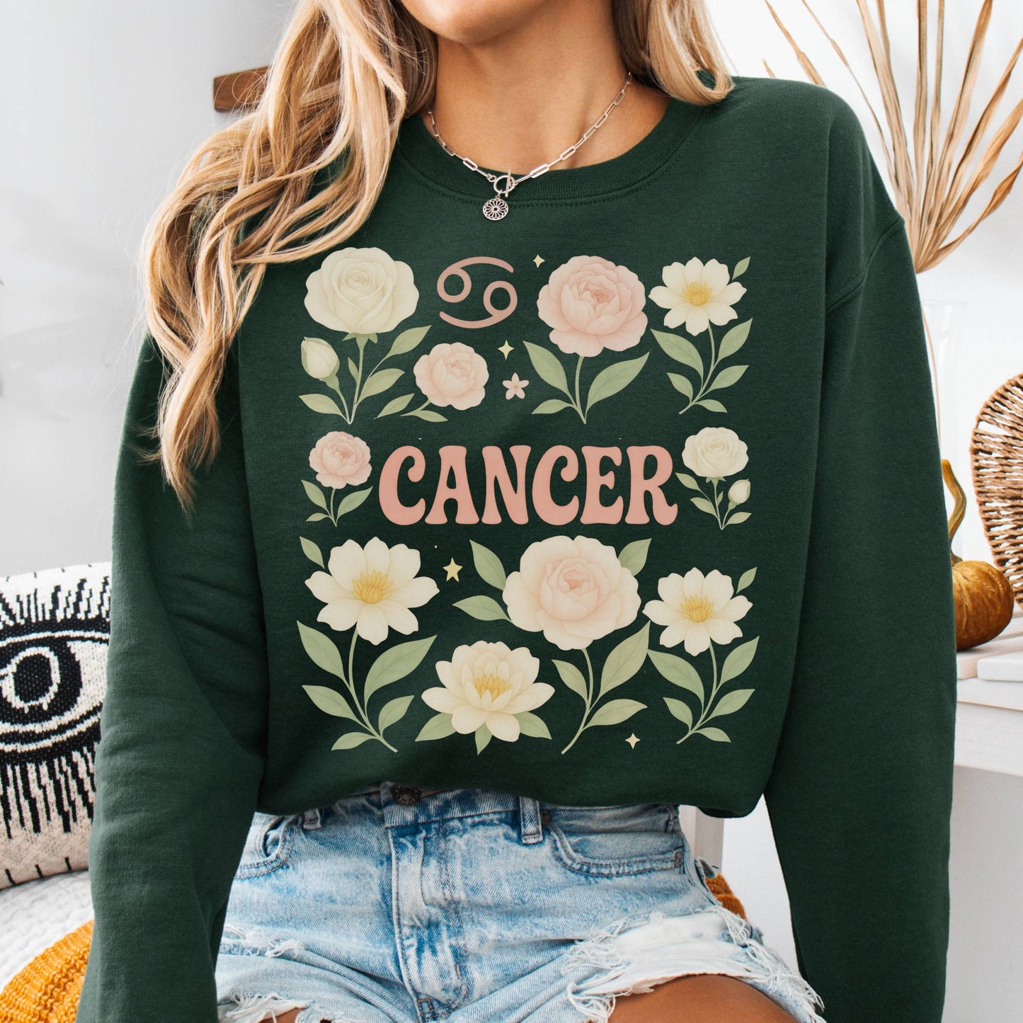 Sweatshirt S / Forest Green Cancer Sweatshirt – Boho Floral Zodiac Pullover The Mystic Eden