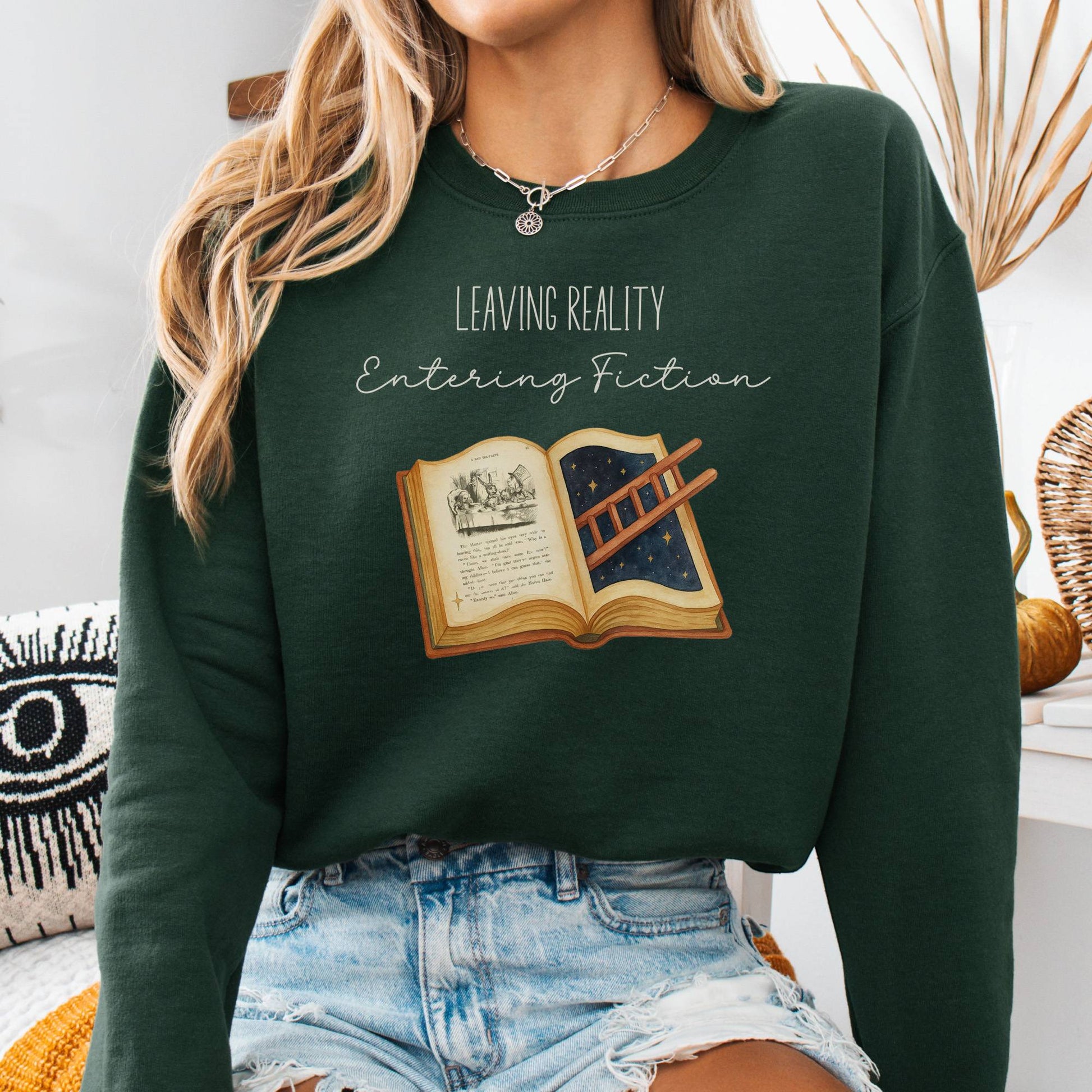 Sweatshirt S / Forest Green Entering Fiction Sweatshirt – Literary Escape Tee The Mystic Eden