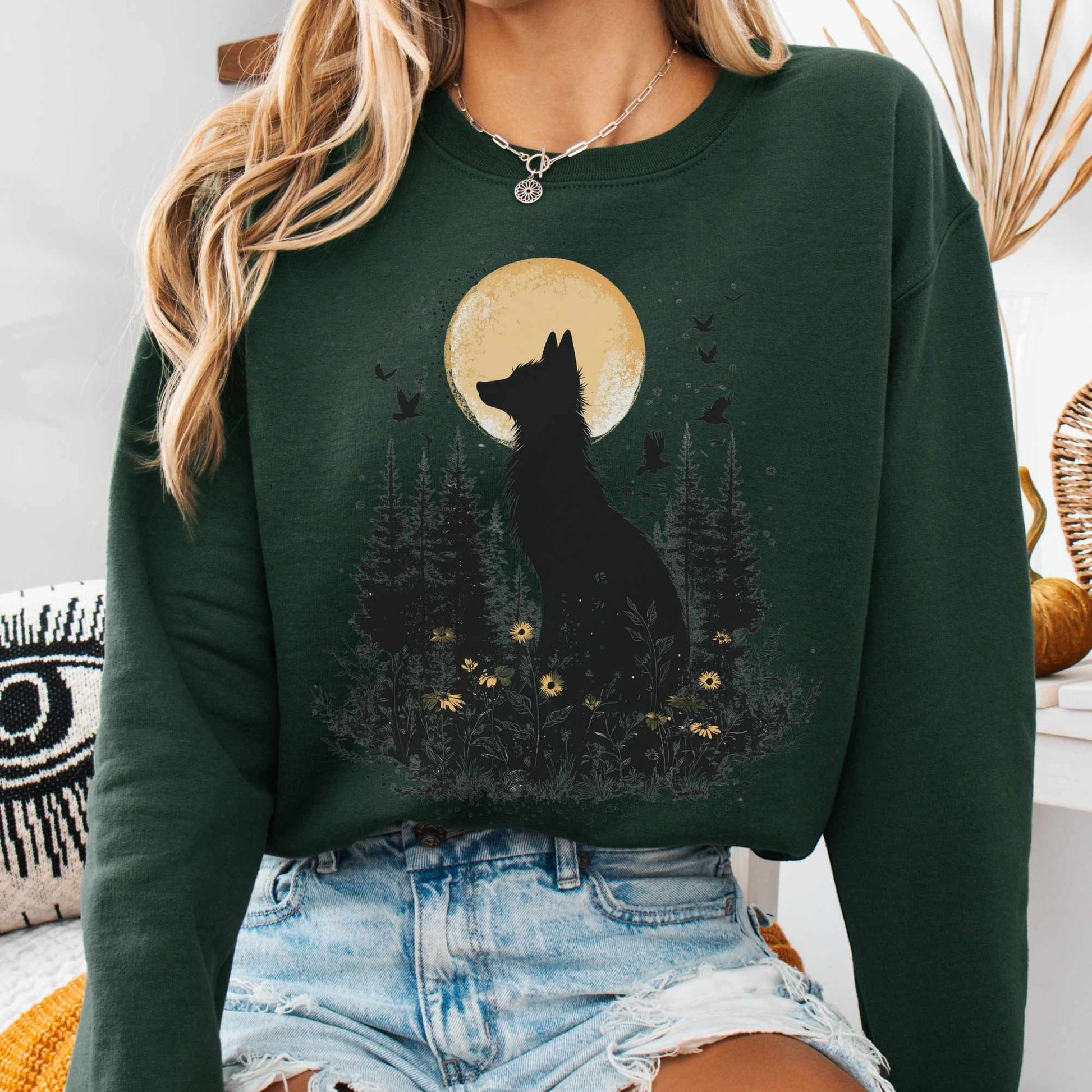 Sweatshirt S / Forest Green Mystical Fox Under Yellow Moon Sweatshirt The Mystic Eden