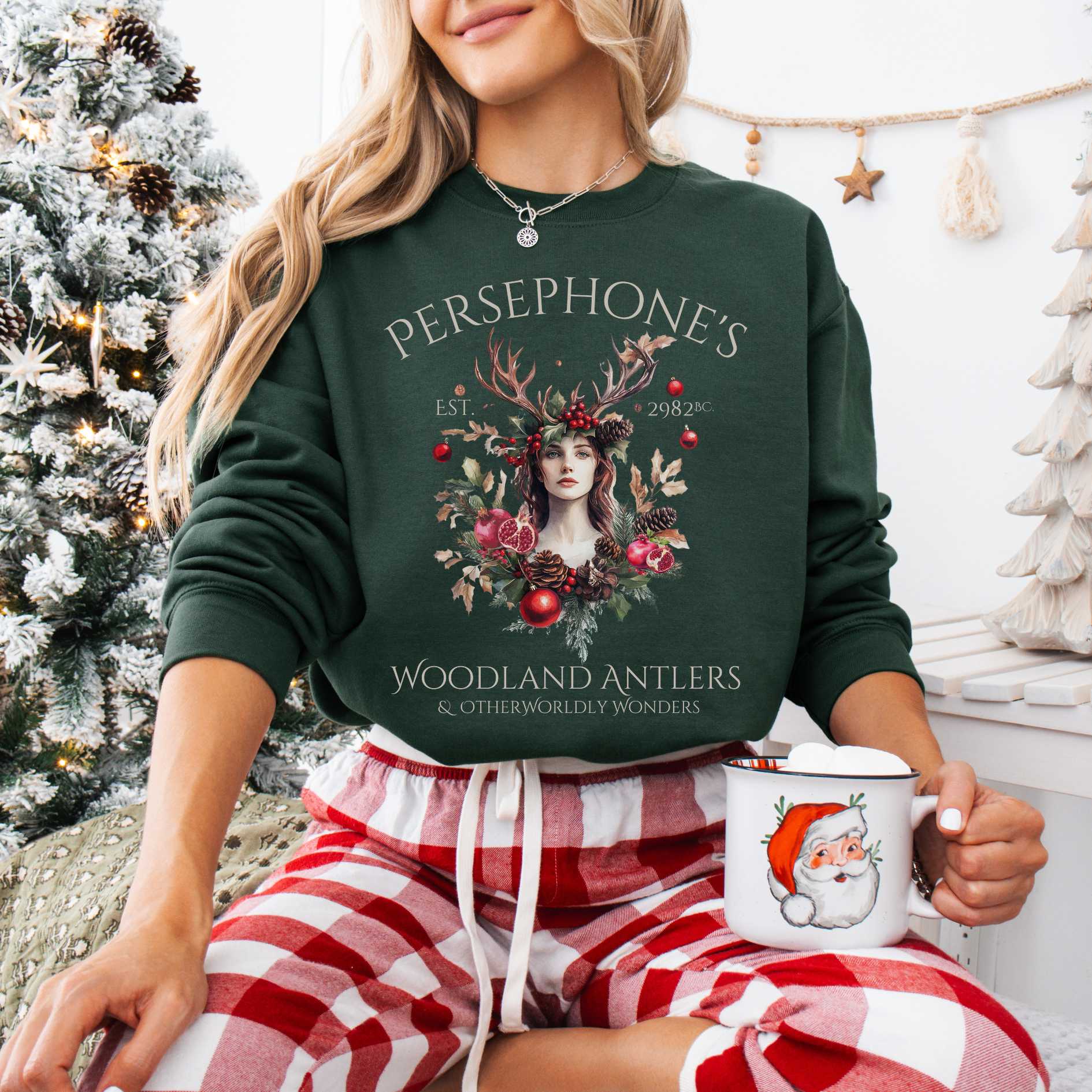 Sweatshirt S / Forest Green Persephone's Woodland Antlers Christmas Sweatshirt The Mystic Eden