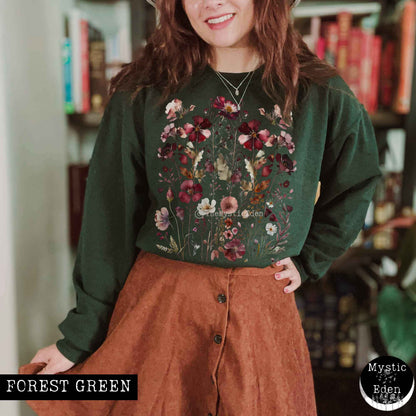 Sweatshirt S / Forest Green Pressed flowers cottagecore sweatshirt The Mystic Eden