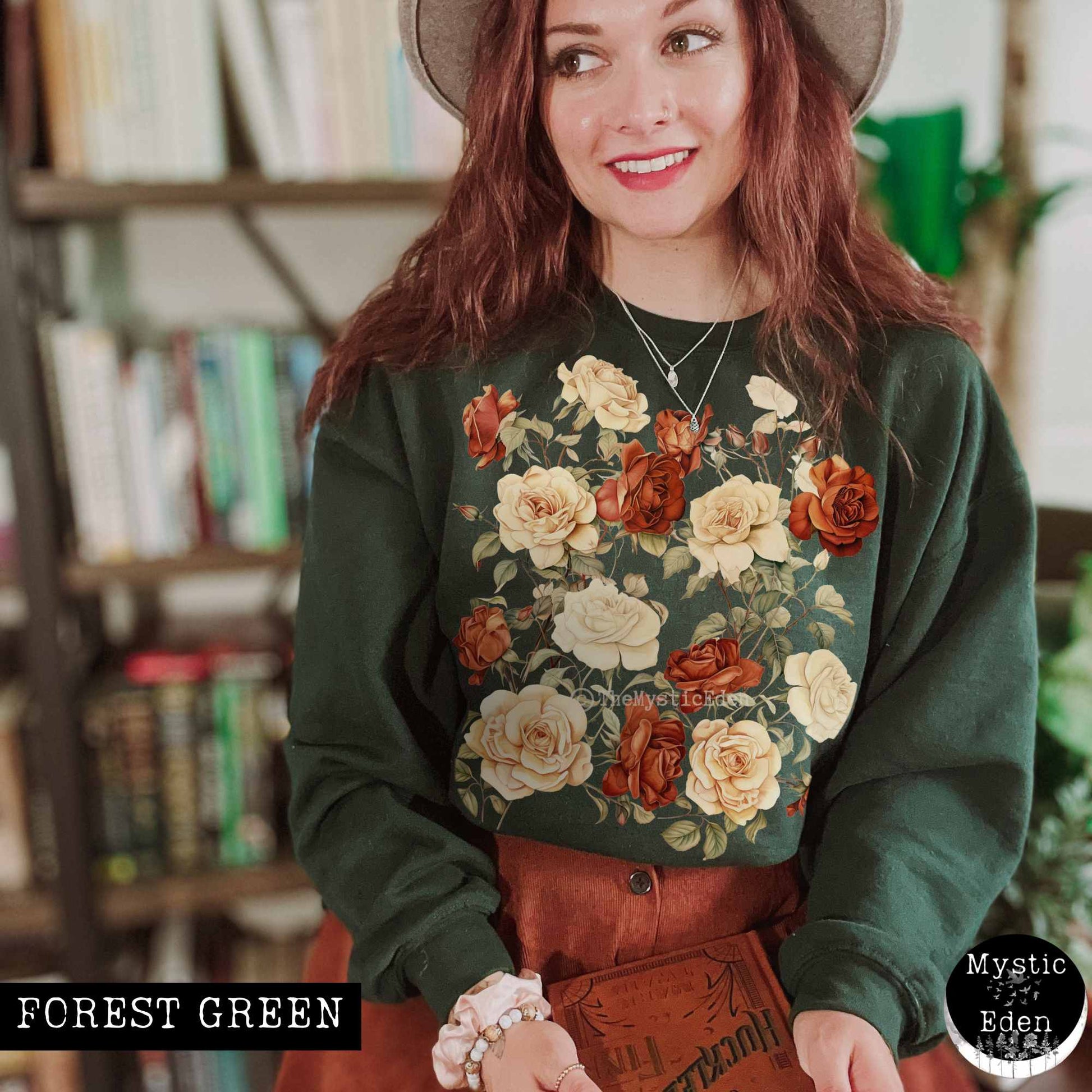 Sweatshirt S / Forest Green Vintage wildflower rose sweatshirt cottagecore The Mystic Eden