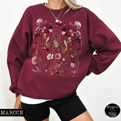 Sweatshirt S / Maroon Pressed flowers cottagecore sweatshirt The Mystic Eden