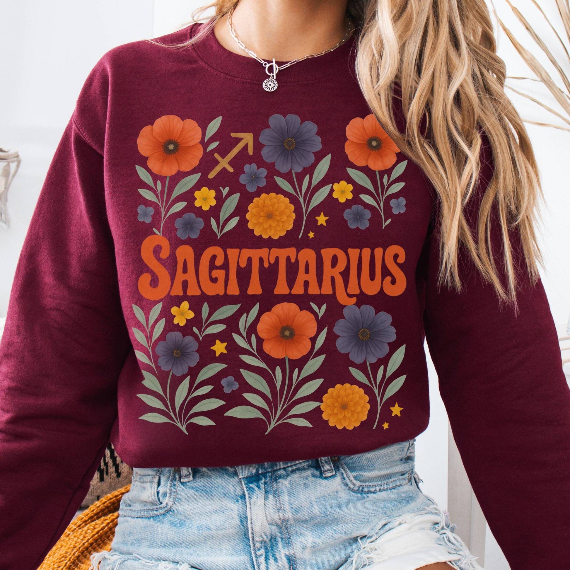 Sweatshirt S / Maroon Sagittarius Sweatshirt – Boho Floral Zodiac Pullover The Mystic Eden