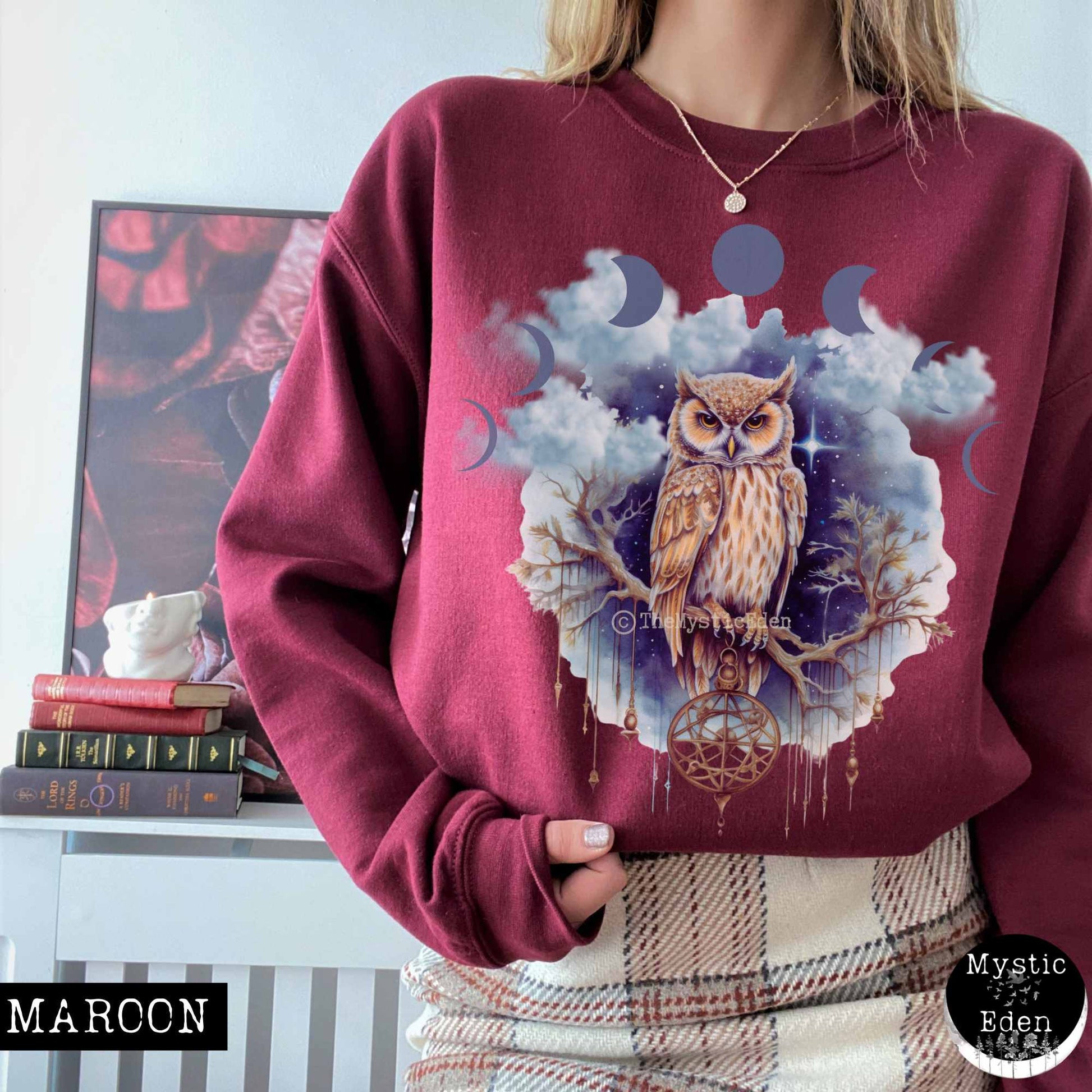Sweatshirt S / Maroon Vintage Mystical Owl Sweatshirt The Mystic Eden