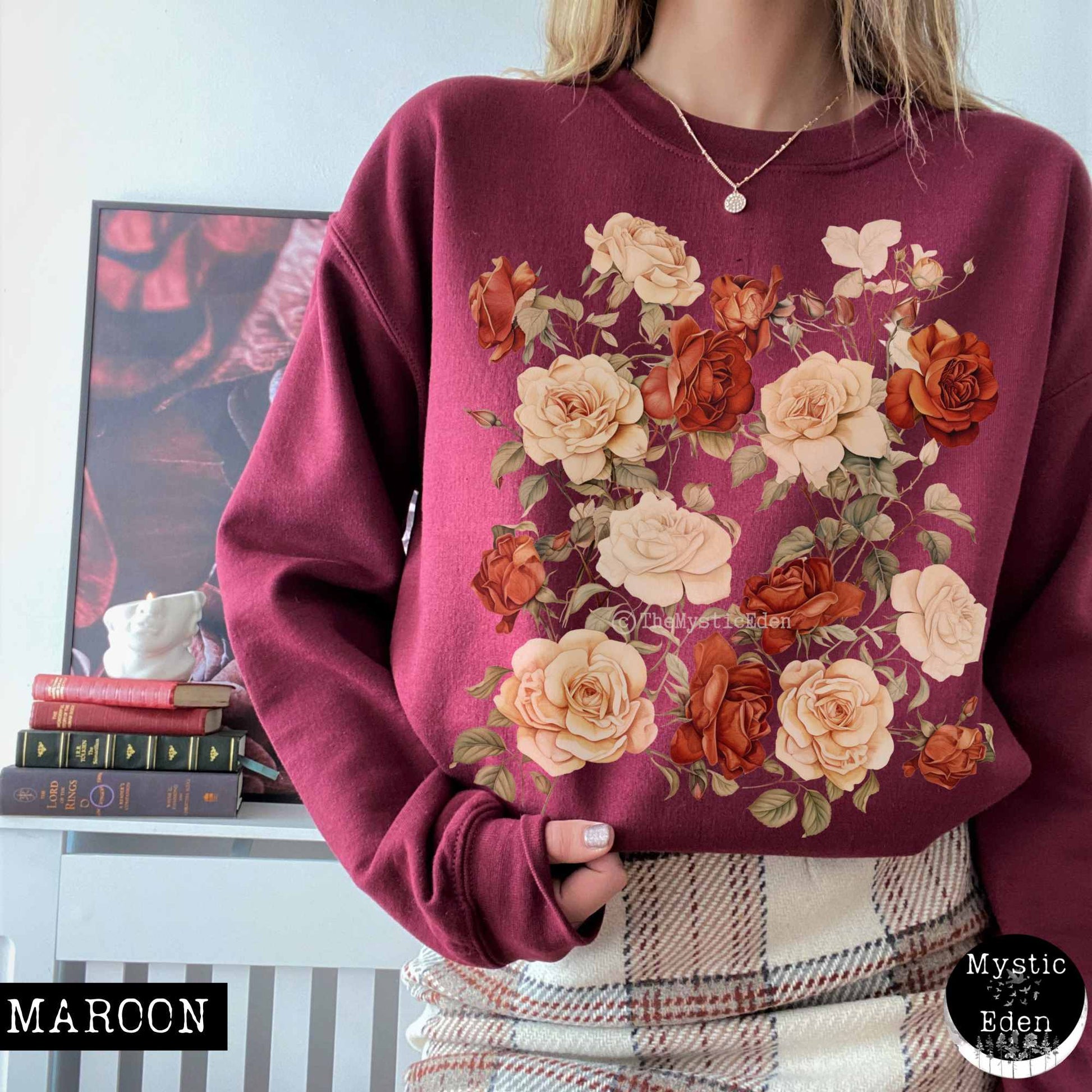 Sweatshirt S / Maroon Vintage wildflower rose sweatshirt cottagecore The Mystic Eden