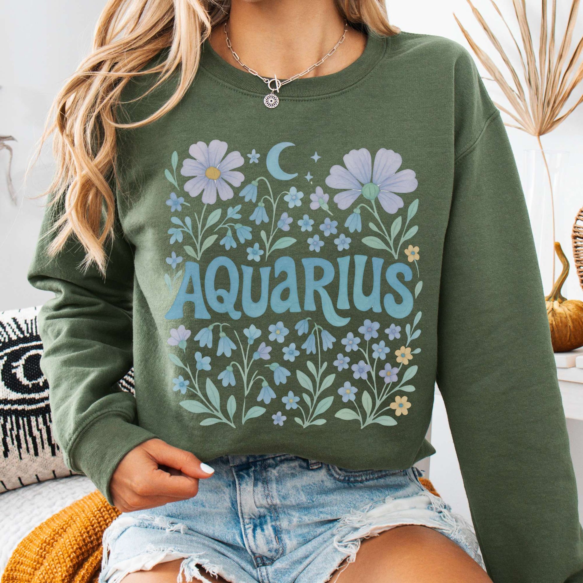Sweatshirt S / Military Green Aquarius Sweatshirt – Boho Floral Zodiac Pullover The Mystic Eden