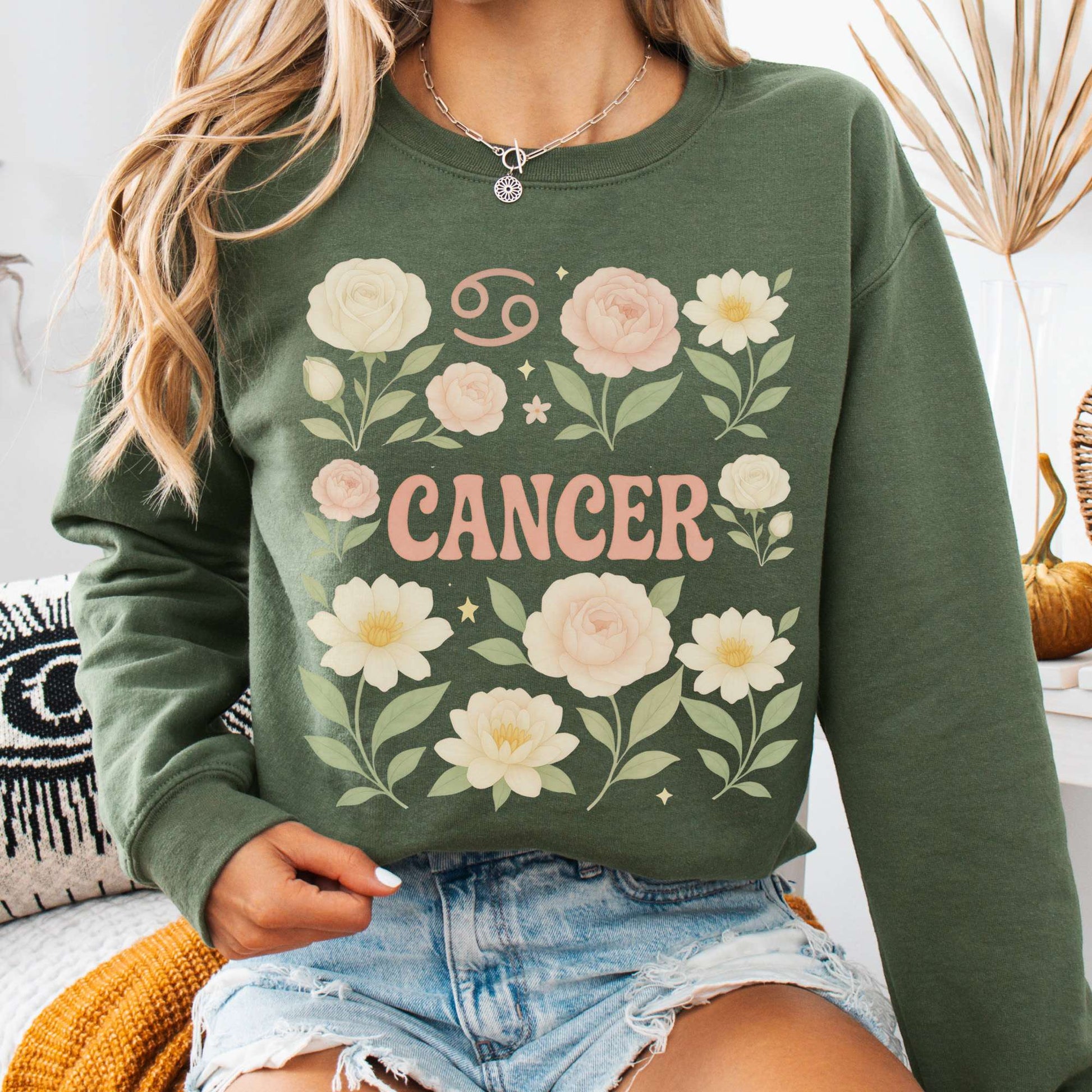 Sweatshirt S / Military Green Cancer Sweatshirt – Boho Floral Zodiac Pullover The Mystic Eden