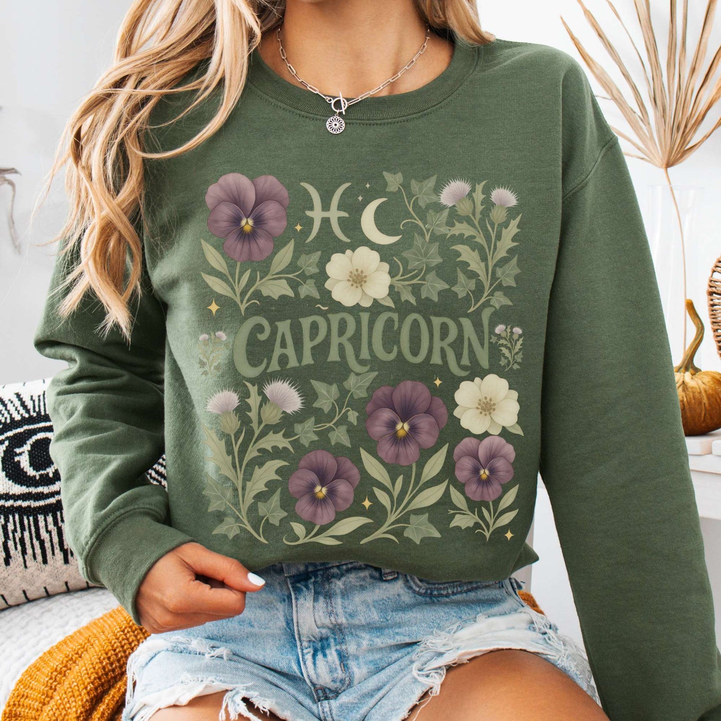 Sweatshirt S / Military Green Capricorn Sweatshirt – Boho Floral Zodiac Pullover The Mystic Eden