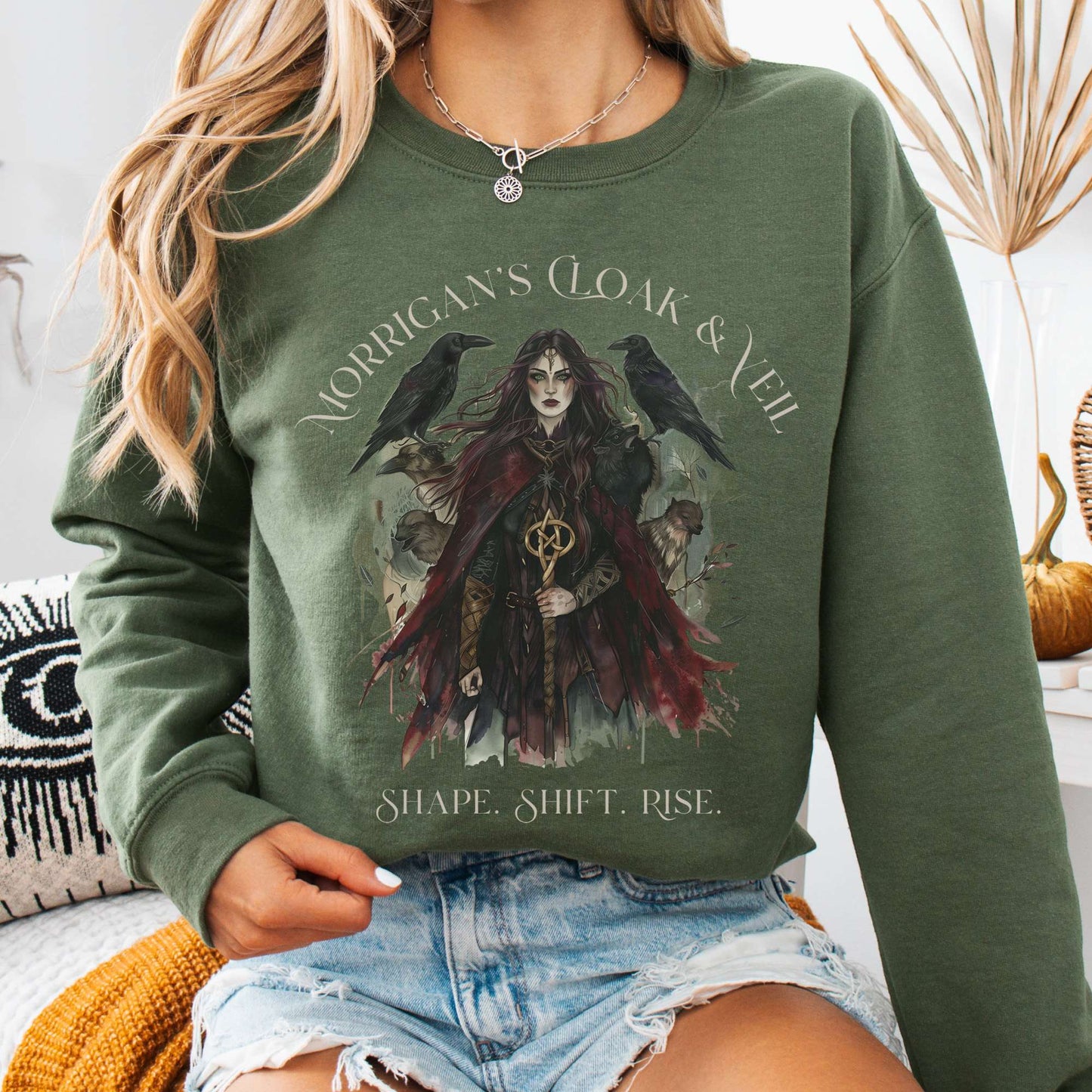 Sweatshirt S / Military Green Morrigan's Cloak & Veil Sweatshirt – Celtic Goddess Tee The Mystic Eden
